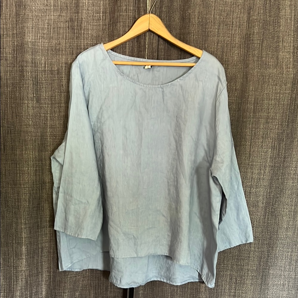 Blue linen 3/4 sleeve blouse wide neck size XXL